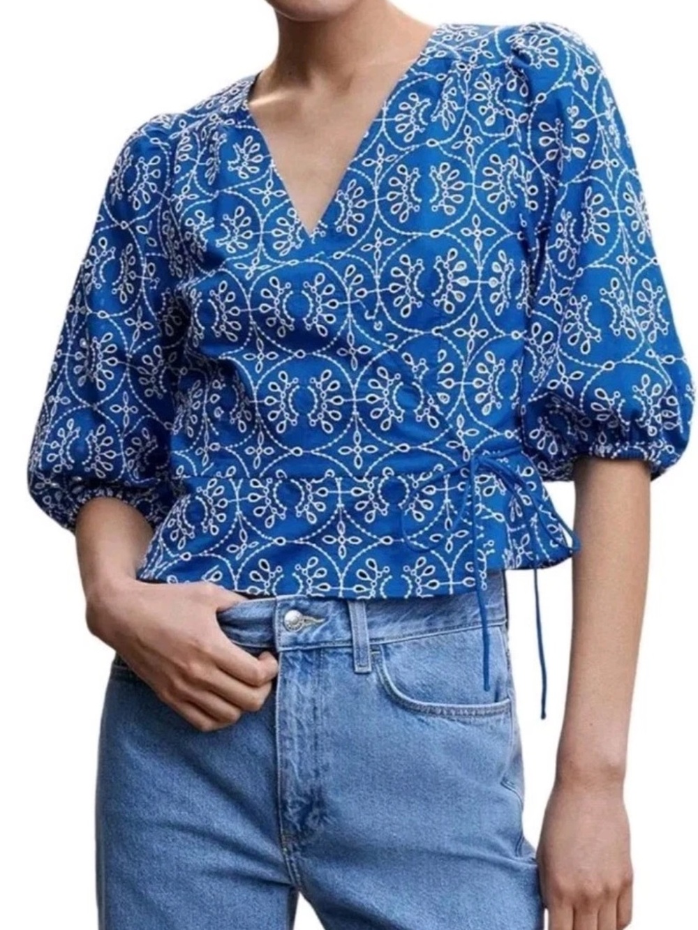 Mango Blue Embroidered Wrap Blouse